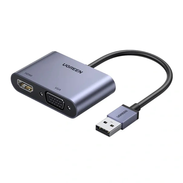 UGREEN USB adapter with HDMI and VGA outputs on a white background