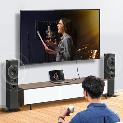 Person watching a music video on a large TV with speakers in a room.