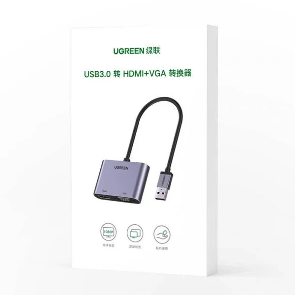 UGREEN USB3.0 to HDMI+VGA adapter on a white background