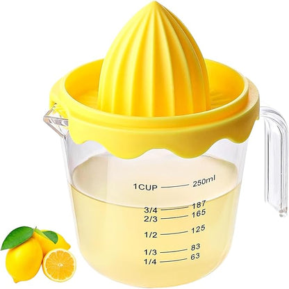 Yellow manual juicer with a clear measuring cup filled with lemon juice, accompanied by lemons on a white background.