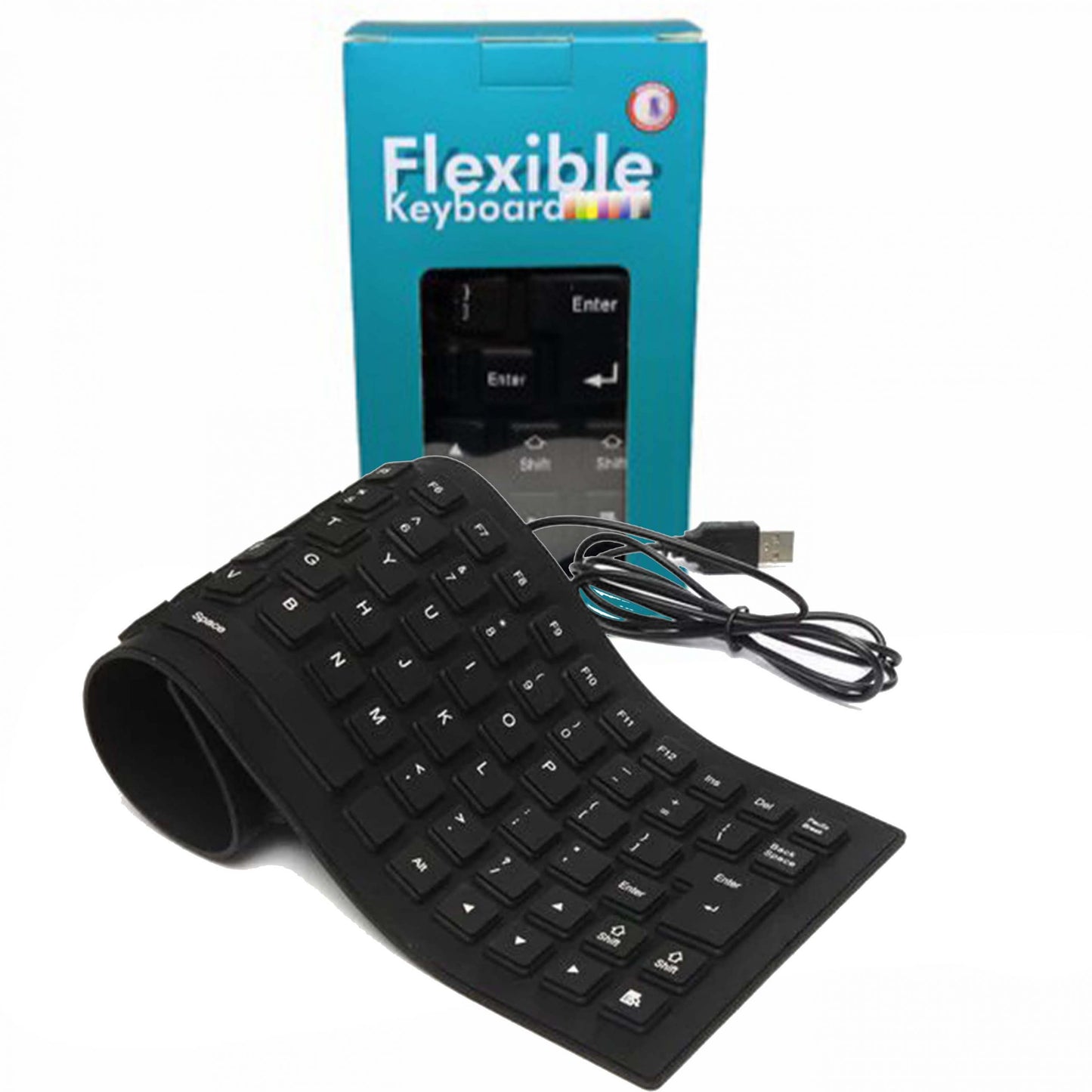 Black flexible keyboard with USB cable and packaging on a white background