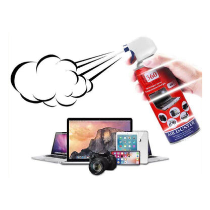 Air duster can being used to clean electronic devices on a white background