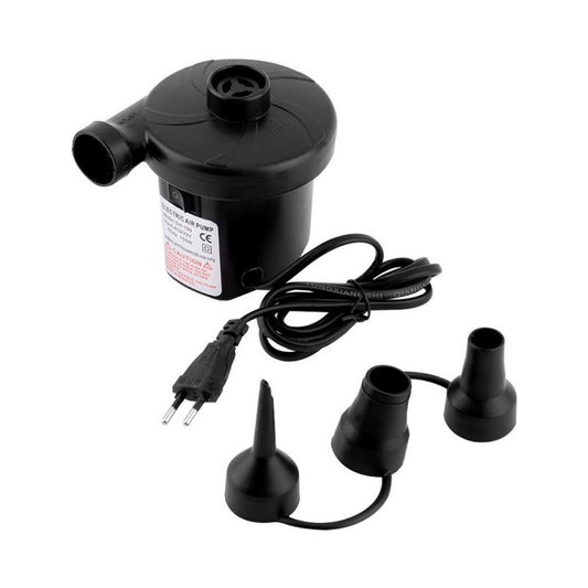 Black electric air pump with attachments on a white background