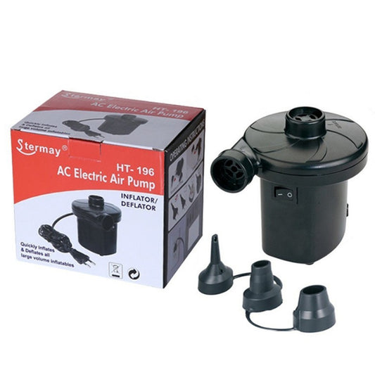 Black electric air pump with attachments and Stermay branded packaging on a white background