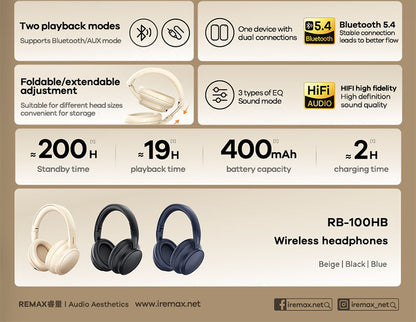 Remax RB-100HB Wireless Bluetooth Headphones, Premium Sound, Stylish Comfort