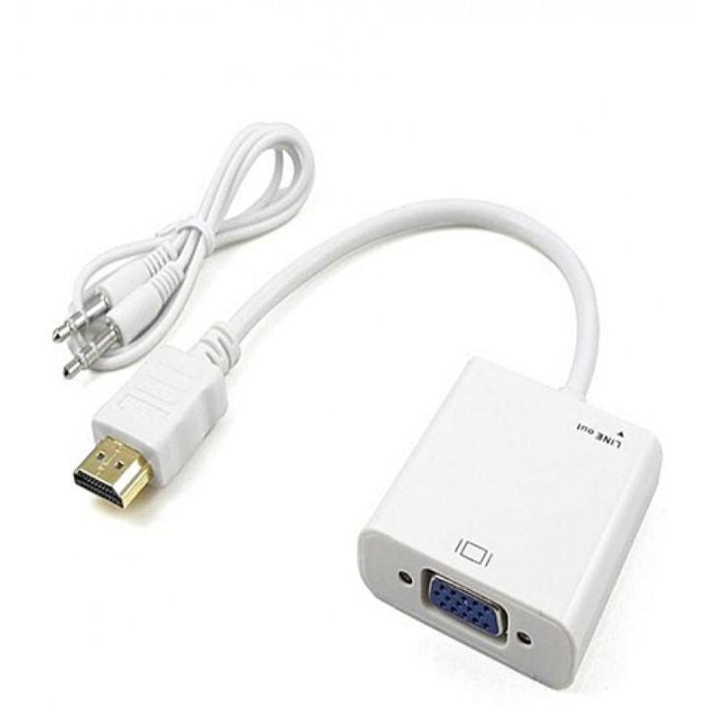 White HDMI to VGA adapter with cable on a white background