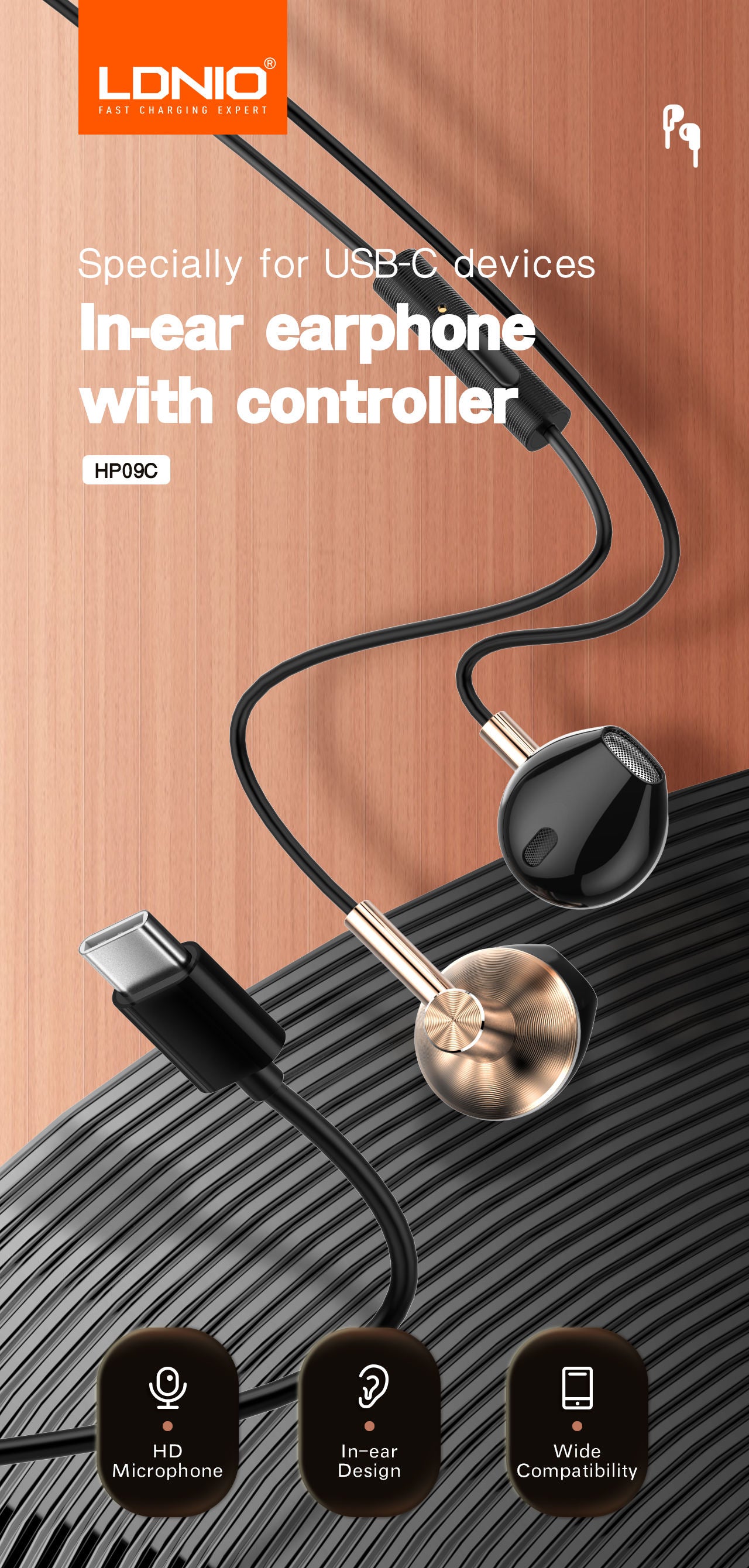 LDNIO HP09C Type- C In-EarPhone With Controller