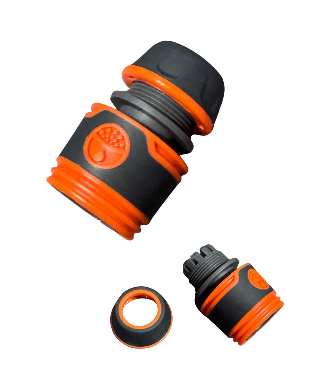 Black and orange garden hose fitting on a white background