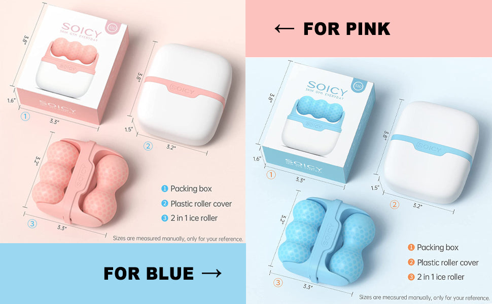 Two packaging designs for a product, one pink and one blue, with measurements and text indicating 'For Pink' and 'For Blue'.