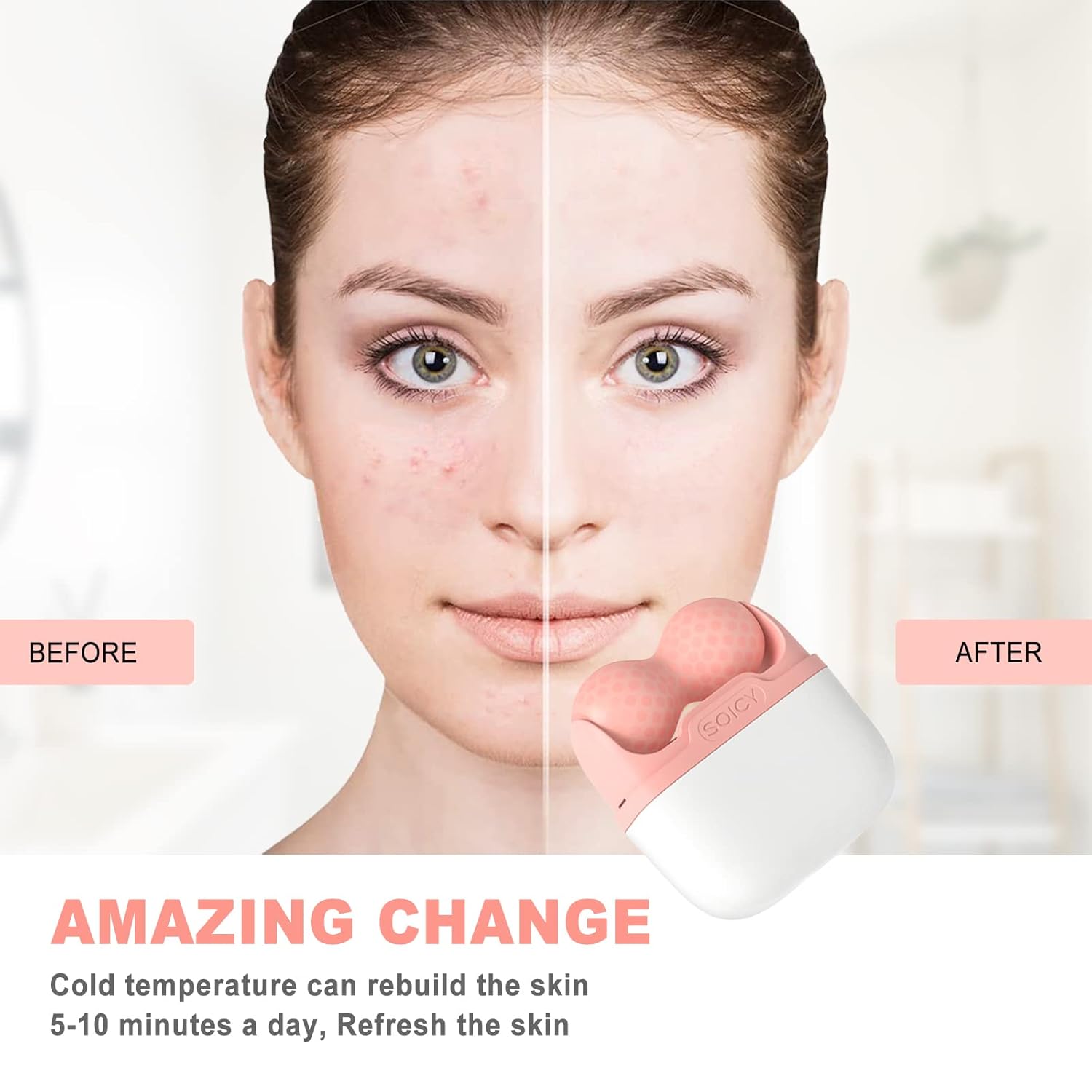 Before and after comparison of a woman's face with a skincare device, showing 'Amazing Change' text.