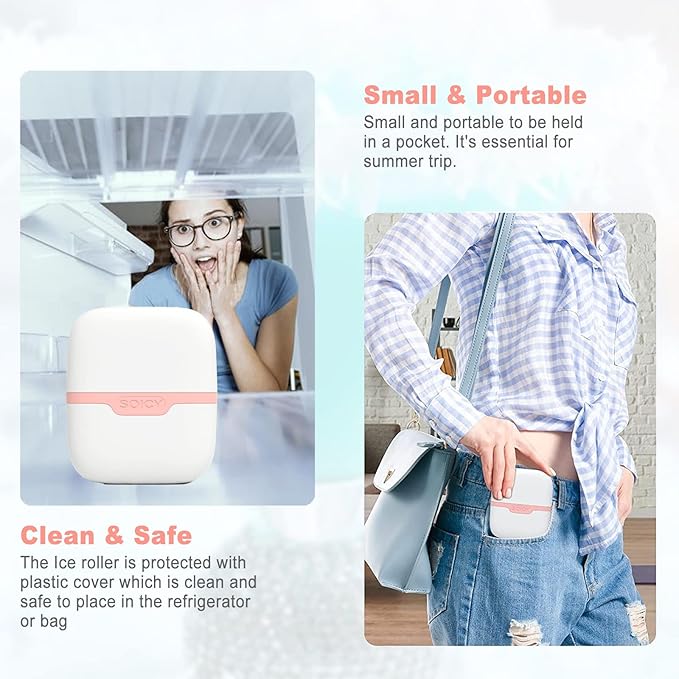 Small portable ice roller with text highlighting its features on a white background