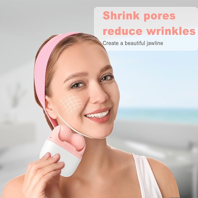 Woman using a facial device with text on pores and wrinkles