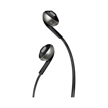 Black earphones with a bendable design on a white background