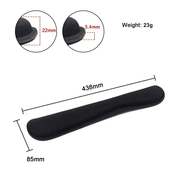 Black office mouse pad with measurements and weight details on a white background