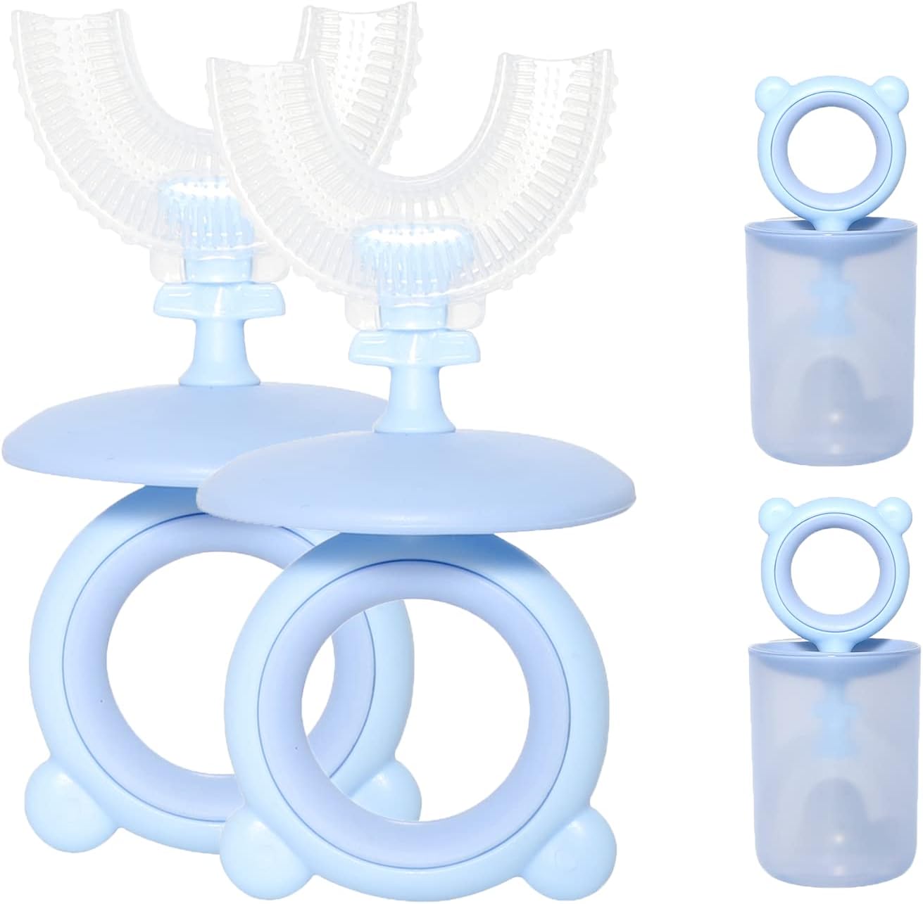Set of blue baby teething rings with a white background