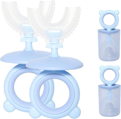 Set of blue baby teething rings with a white background
