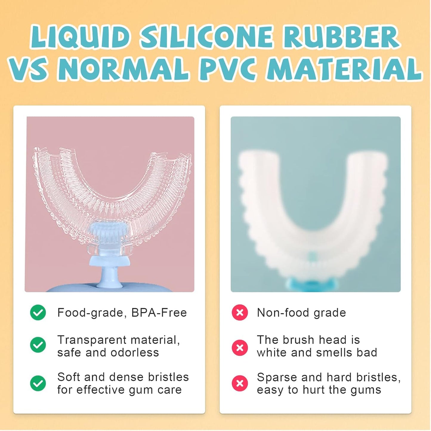 Comparison chart of liquid silicone rubber vs normal PVC material for dental tools.