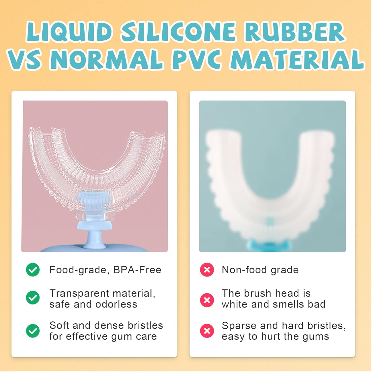 Comparison chart of liquid silicone rubber vs normal PVC material for dental tools.