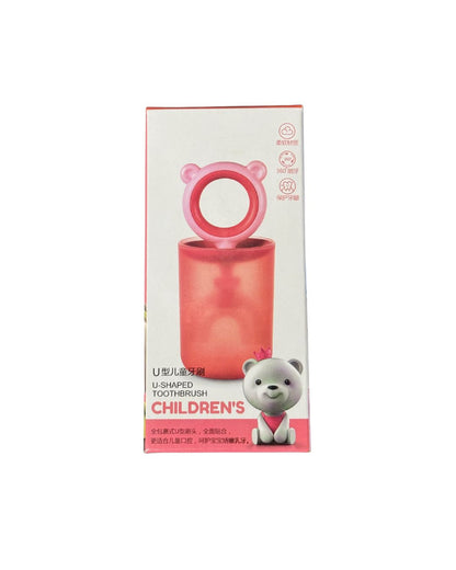 Children's toothbrush packaging with a pink cup and bear design on a white background