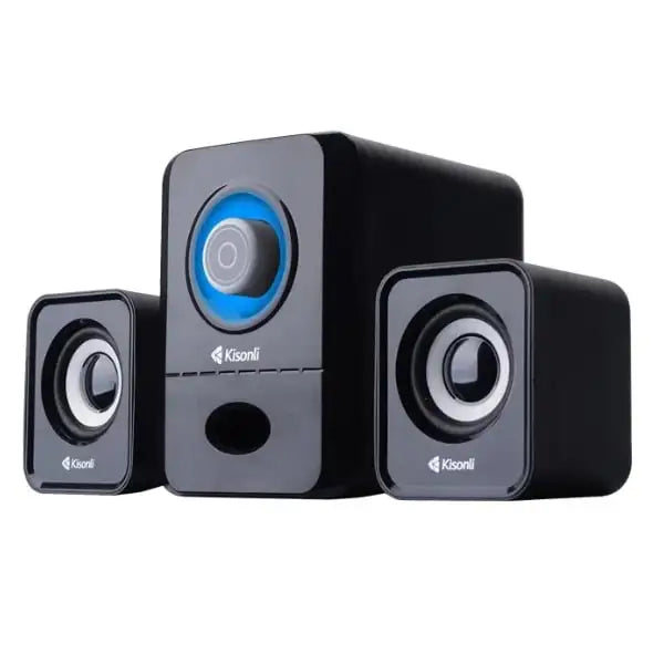 Black computer speakers with Kisonli logo on a white background