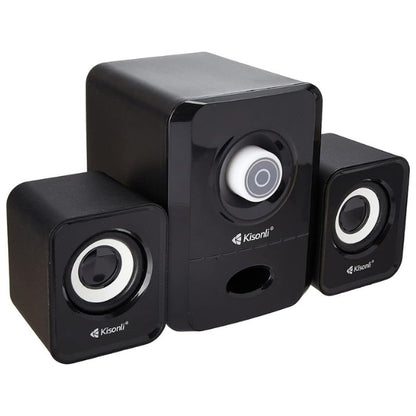 Black Kisonli computer speakers on a white background