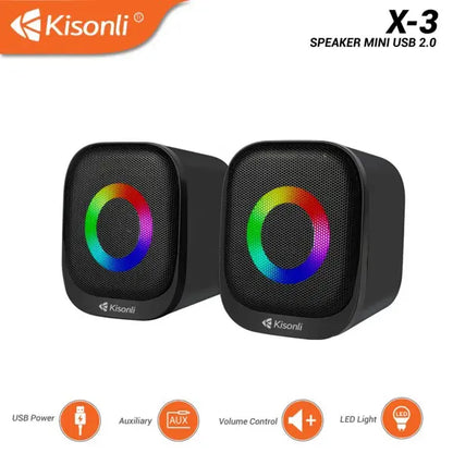 Kisonli X-3 speaker mini USB 2.0 with RGB lighting on a white background