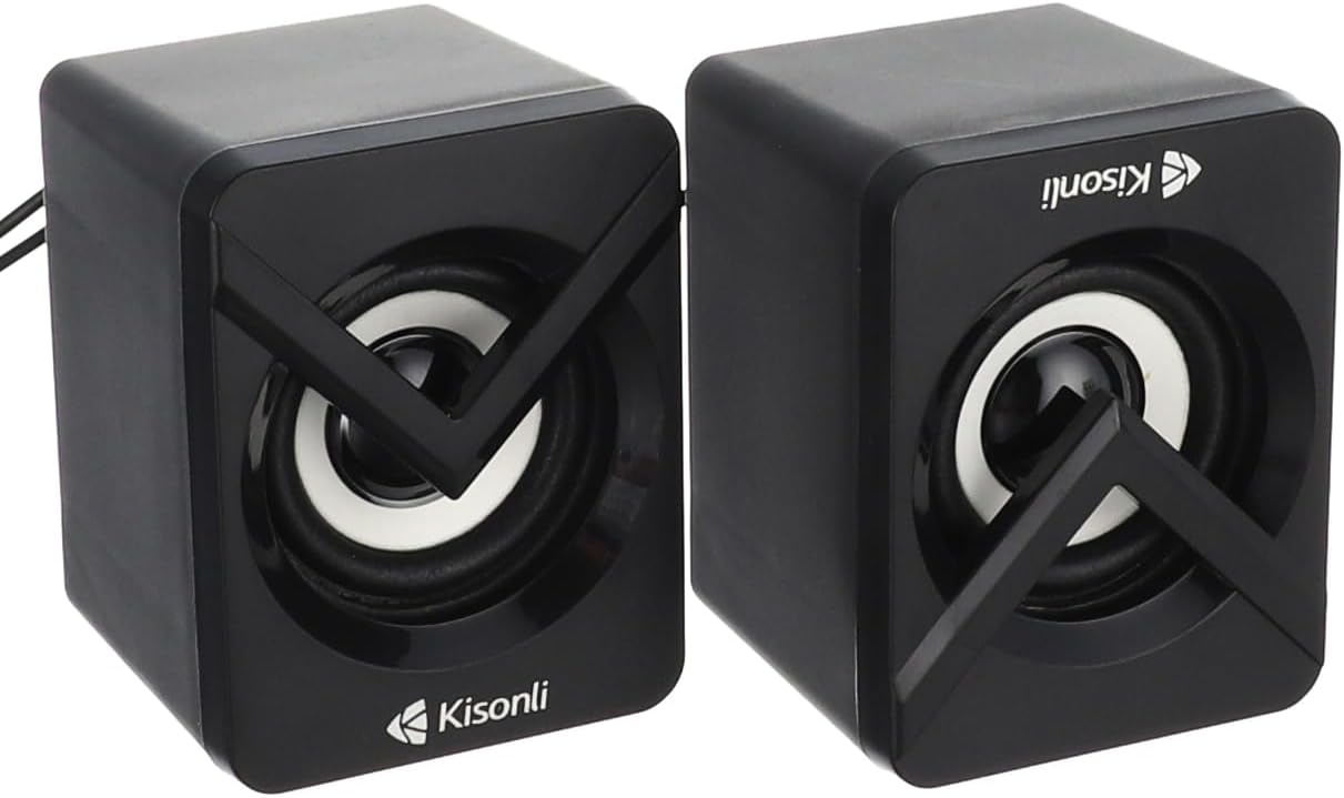 Pair of black Kisonli speakers on a white background
