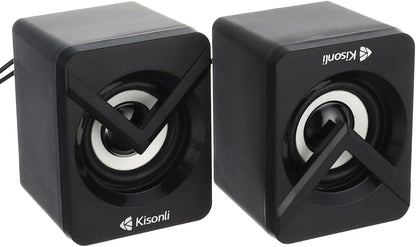 Pair of black Kisonli speakers on a white background