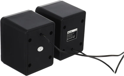 Two black square speakers with cables on a white background