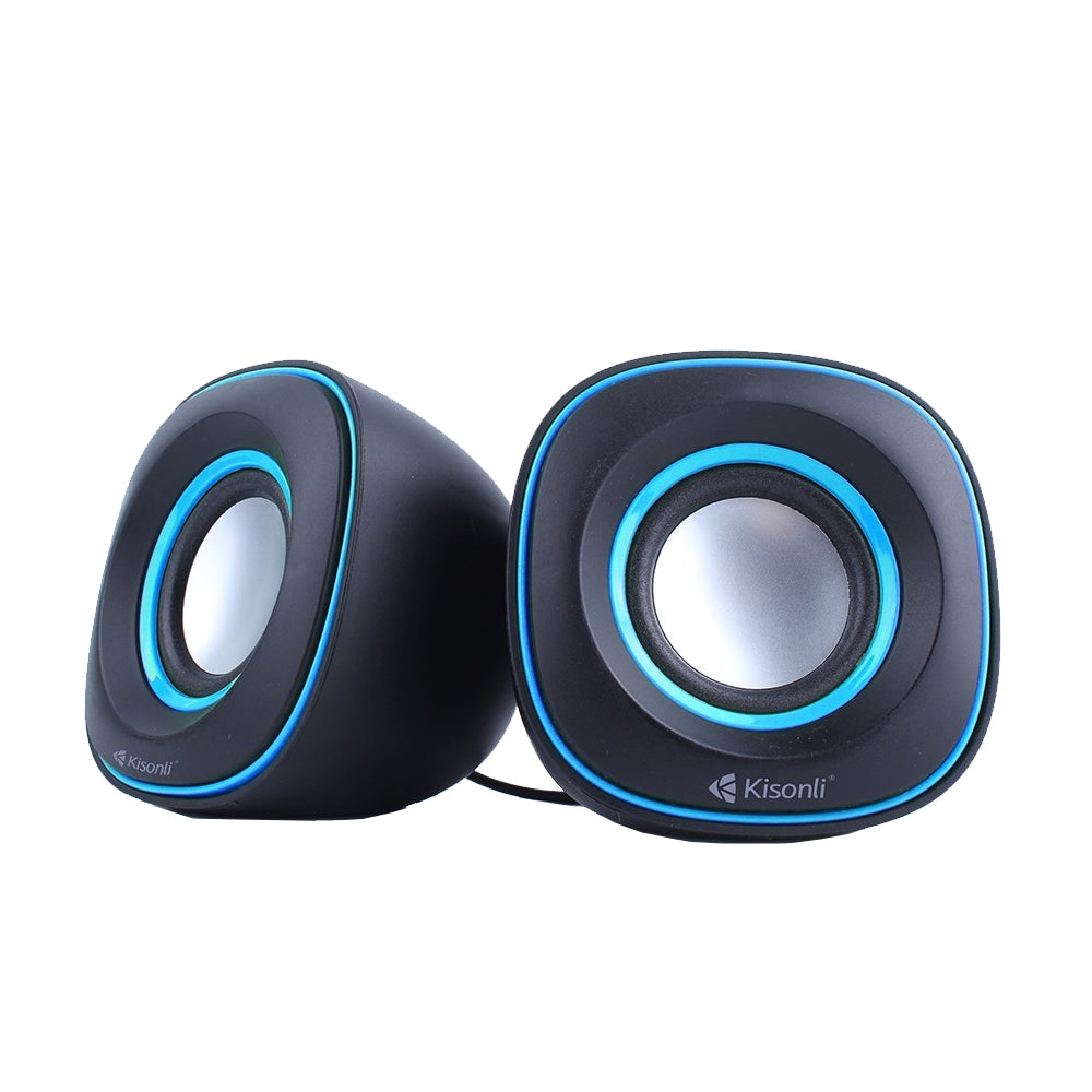 Pair of black speakers with blue lighting on a white background, featuring the Kisonli brand.