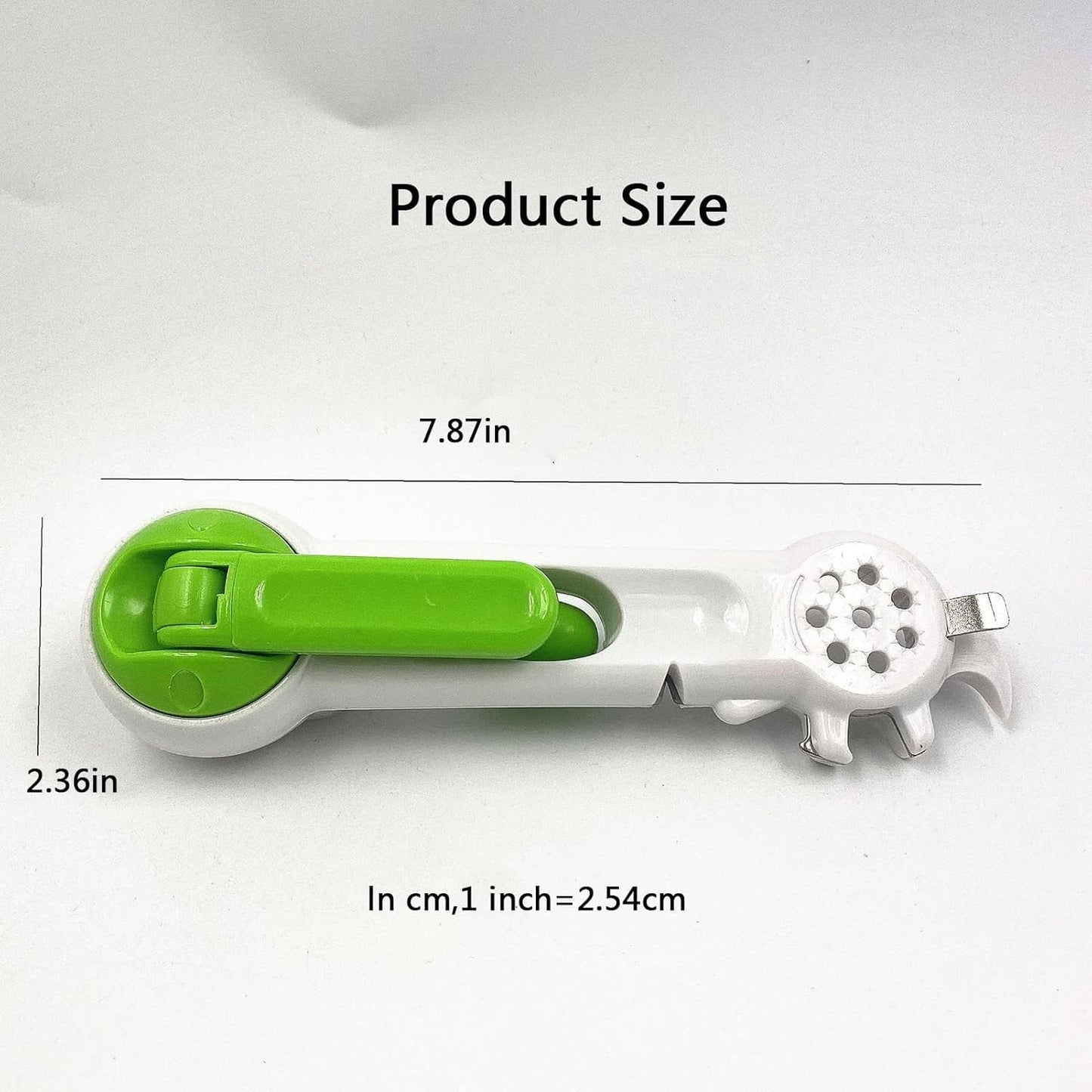 Measurement chart showing dimensions of a kitchen tool with green handle and white body on a white background.