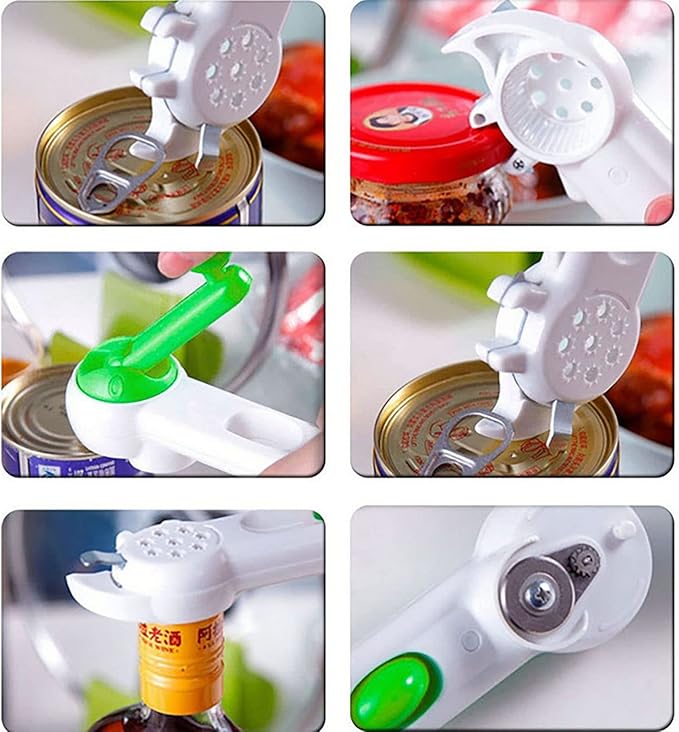 Multifunctional kitchen tool used to open various types of containers including cans and bottles.