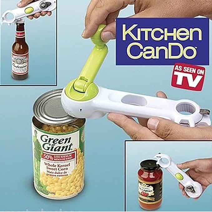 Kitchen CanDo can opener being used on a can and bottles with 'As Seen On TV' branding.
