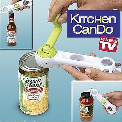 Kitchen CanDo can opener being used on a can and bottles with 'As Seen On TV' branding.
