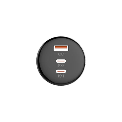 Black circular device with charging ports on a white background