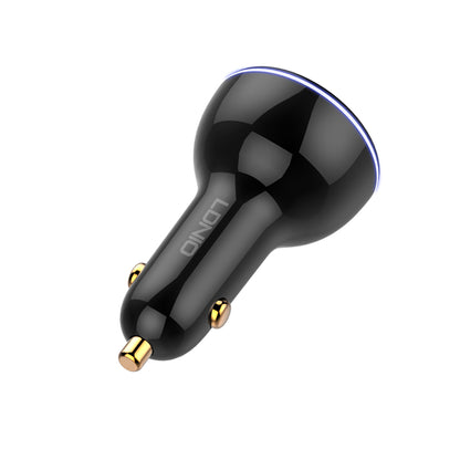 Black car charger with gold accents on a white background