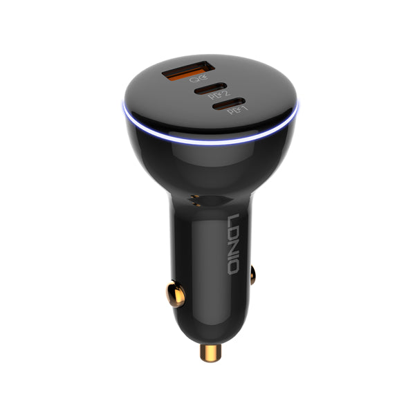 Black car charger with multiple ports on a white background