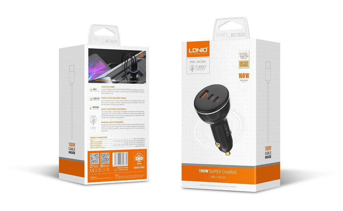 Two packaging boxes for a car charger with visible branding on a white background