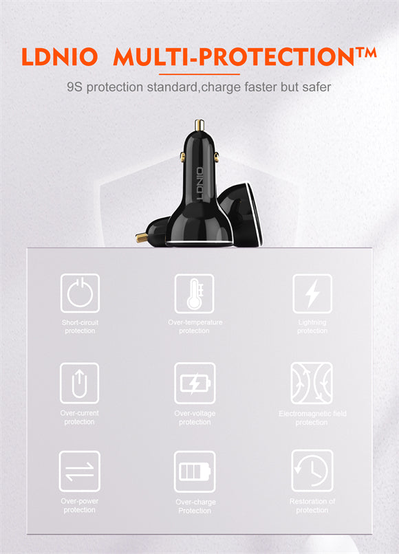 LDNIO multi-protection charger with icons on a light gray background