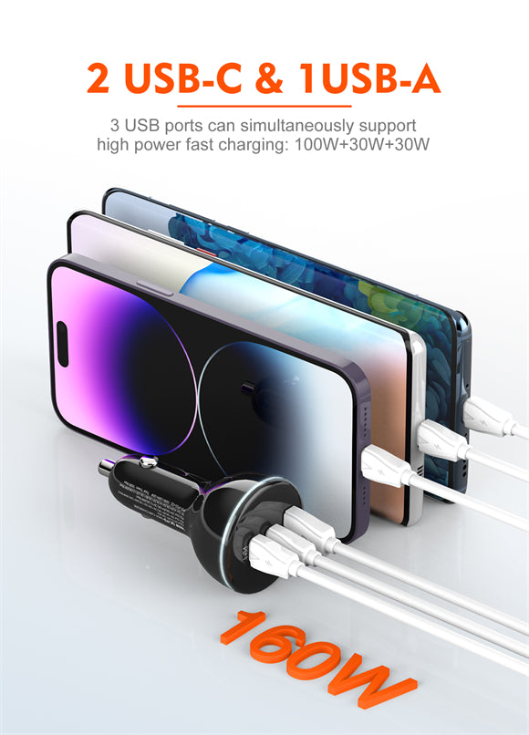 Multi-device charging cable with 2 USB-C and 1 USB-A ports on a white background
