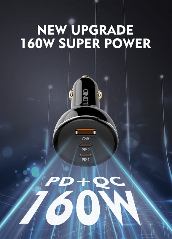 Car charger with 'New Upgrade 160W Super Power' text on a dark background