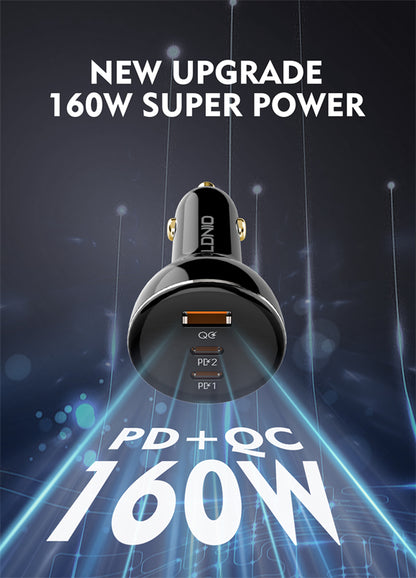 Car charger with 'New Upgrade 160W Super Power' text on a dark background