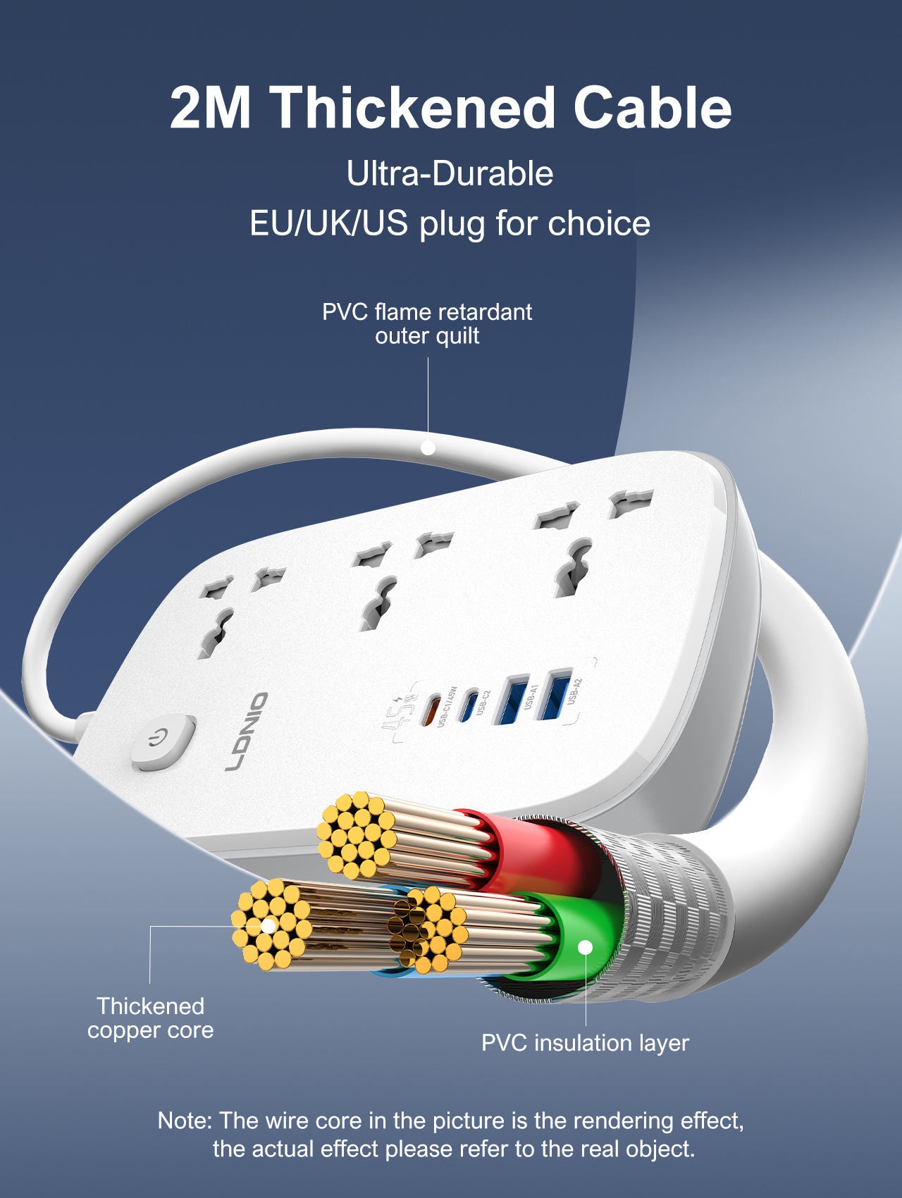 Power strip with thickened cable on a blue background