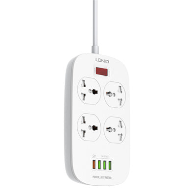 White power strip with multiple outlets and indicator lights on a white background