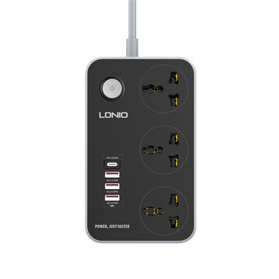 Black power strip with multiple sockets and USB ports on a white background