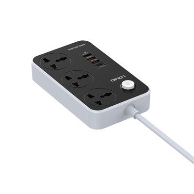 Power strip with multiple sockets and a cable on a white background