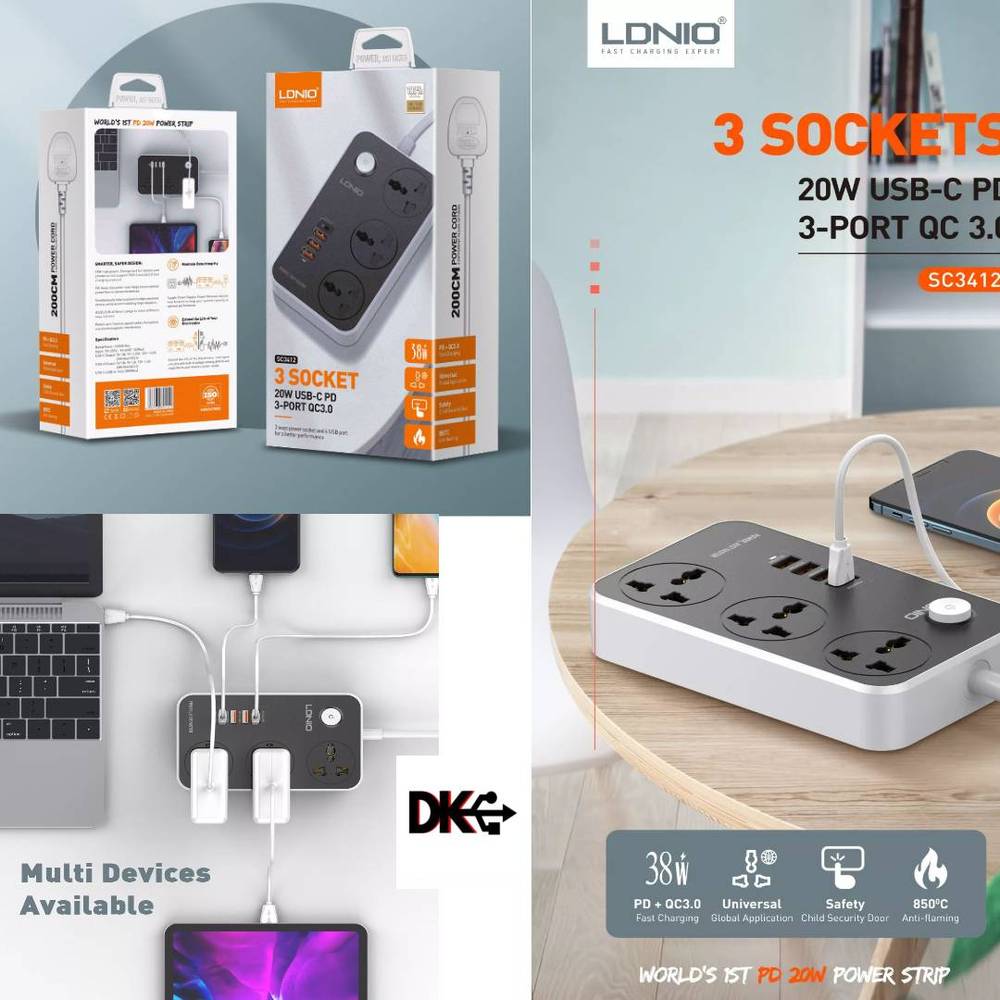 Product packaging and usage of a power strip with multiple devices on a desk.