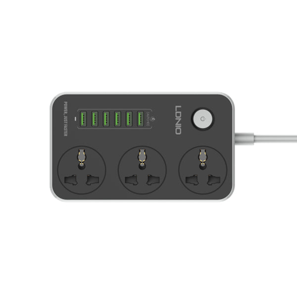 Black power strip with multiple sockets and a USB port on a white background