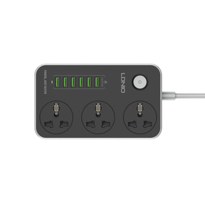 Black power strip with multiple sockets and a USB port on a white background