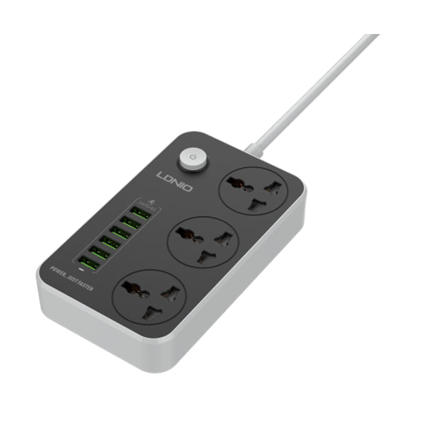 Power strip with multiple sockets and USB ports on a white background